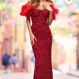 Sherri Hill Red Feathered Prom Dress